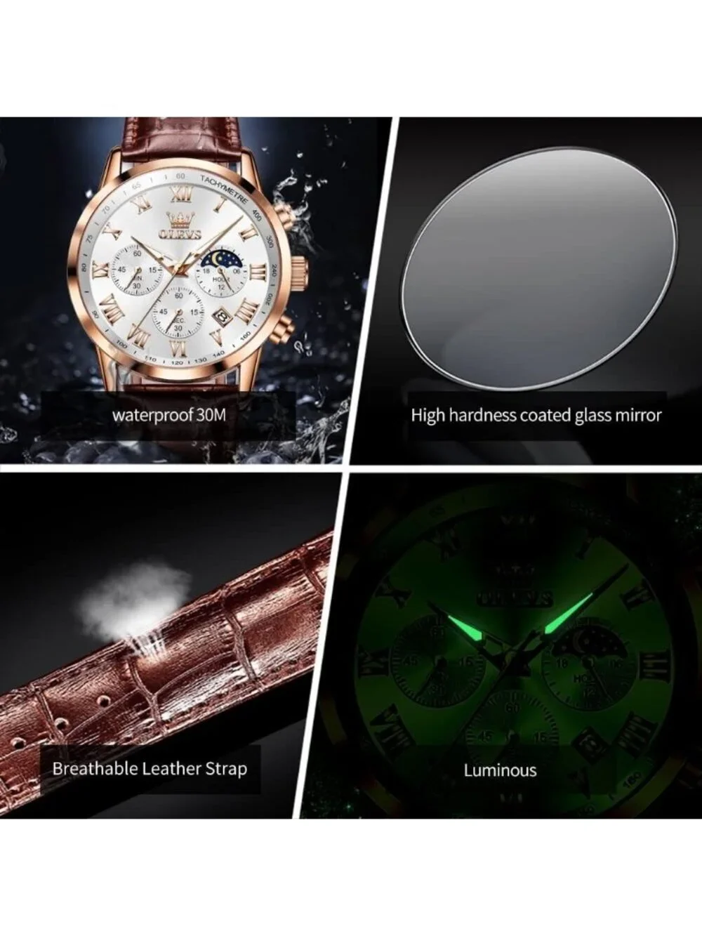 Men's Brown White Leather Analog Quartz Luxury Chronograph Waterproof Wristwatch